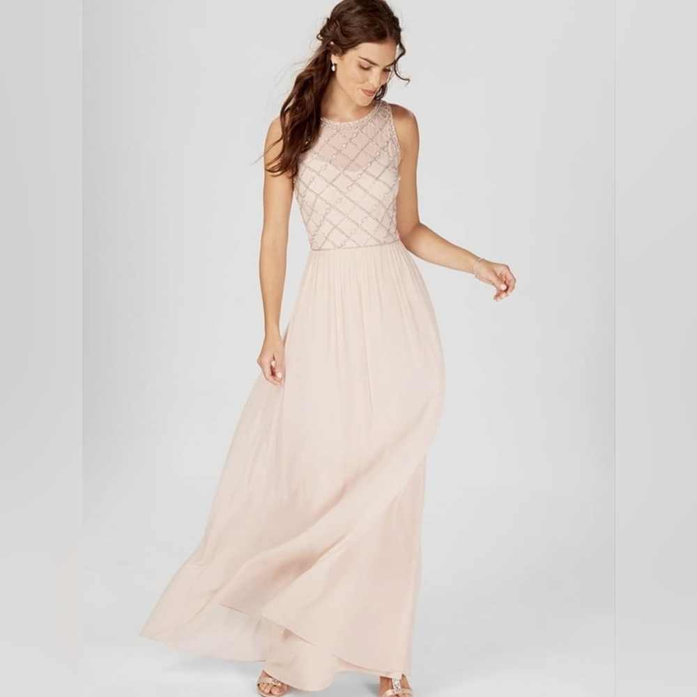 Adrianna Papell Pink Beaded Bodice Maxi Sheer Sleveless Dress Back Zipper 14